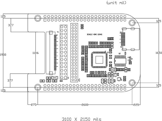 基于BeagleBone的HDMI功能擴(kuò)展板的機(jī)械尺寸圖